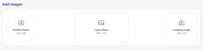 Signify digital business card editor showing upload and crop controls for a profile picture, cover photo, and company logo.