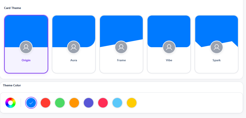 Signify digital business card customization screen displaying theme choices, preset and custom color controls, and a live card preview.