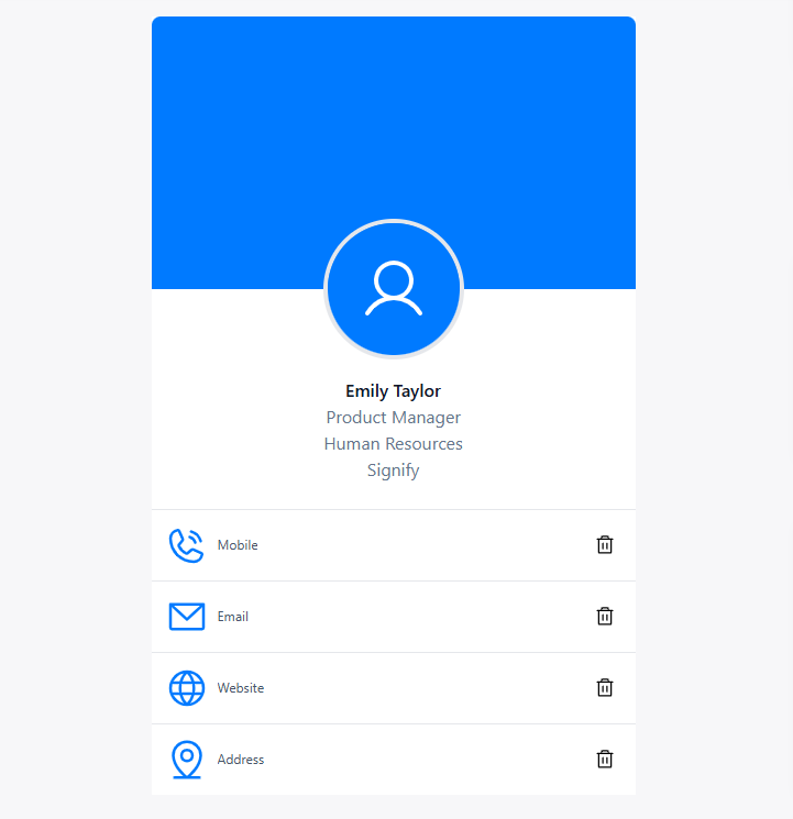Completed Signify digital business card displayed in the live preview for a final review before saving changes.